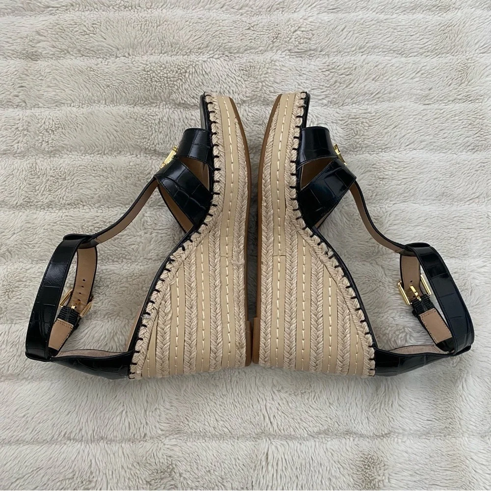 Lauren Ralph Lauren Hale II Black Leather Croc Espadrille Wedges Size 9.5